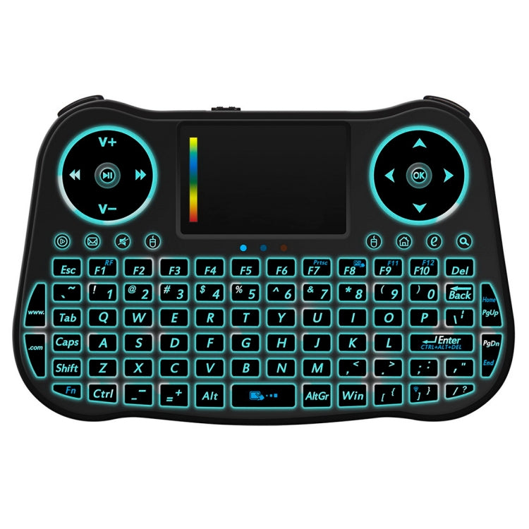 Mini tastiera QWERTY wireless Air Mouse MT08 da 2,4 GHz con retroilluminazione colorata, touchpad e controllo multimediale per PC, TV, MT08