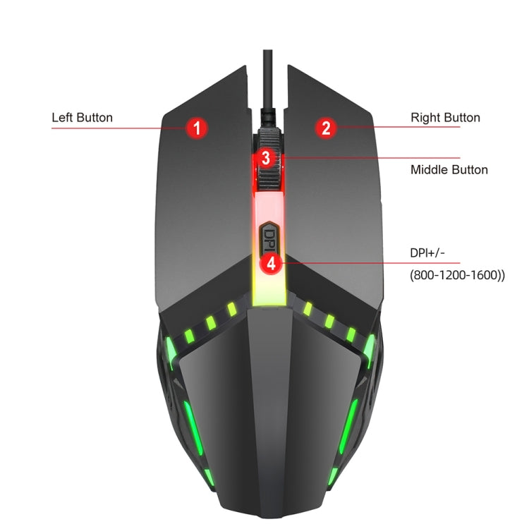 Mouse da gioco cablato luminoso colorato HXSJ S200 USB 2.0 1600 dpi regolabile a 4 tasti, lunghezza: 1,5 m