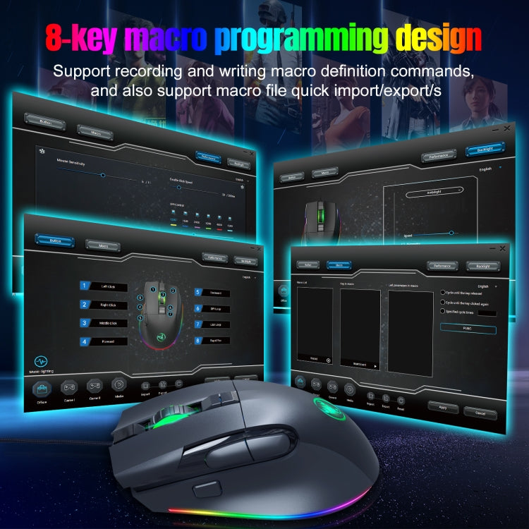Mouse da gioco cablato programmabile HXSJ A905 a 8 pulsanti 7200 DPI, lunghezza cavo: 1,6 m, A905