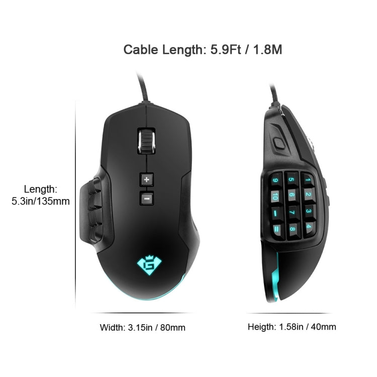 Mouse per computer da gioco con programmazione cablata USB Rocketek GM900 24000 DPI a 16 tasti RGB, GM900