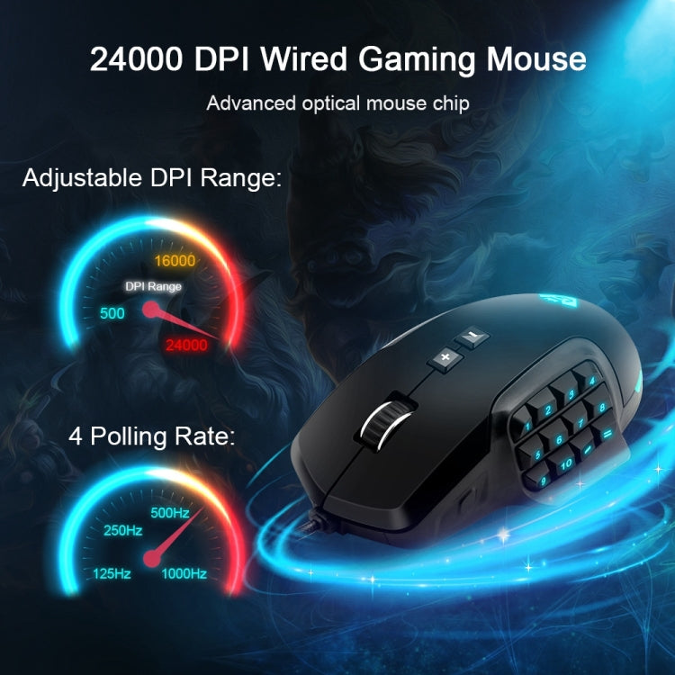 Mouse per computer da gioco con programmazione cablata USB Rocketek GM900 24000 DPI a 16 tasti RGB, GM900