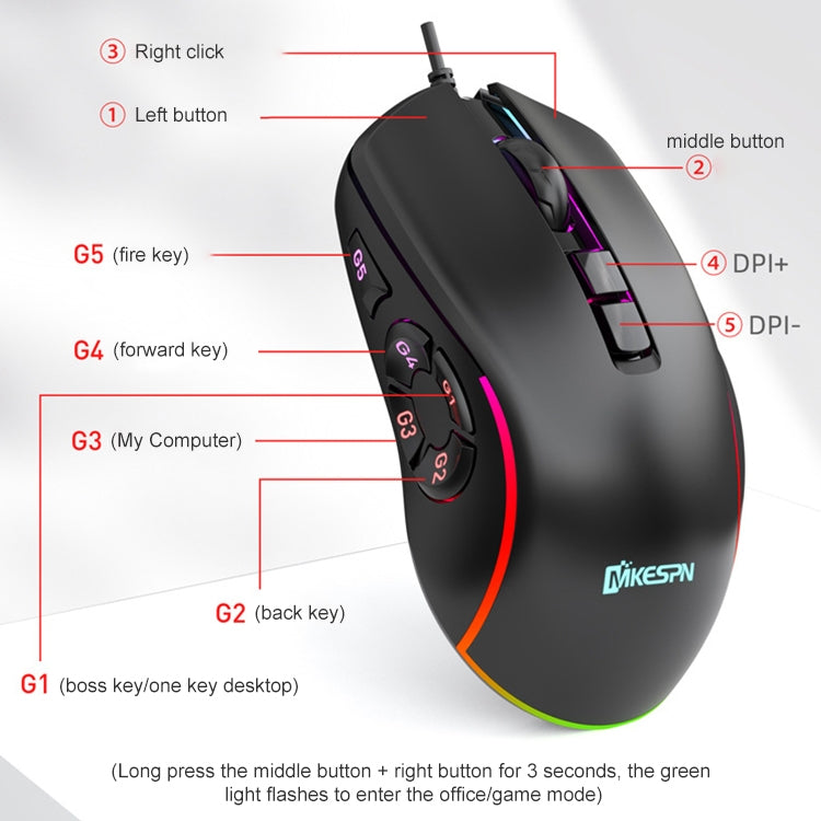 MKESPN X9 Mouse cablato da gioco con definizione macro RGB a 10 pulsanti 7200 DPI, x9