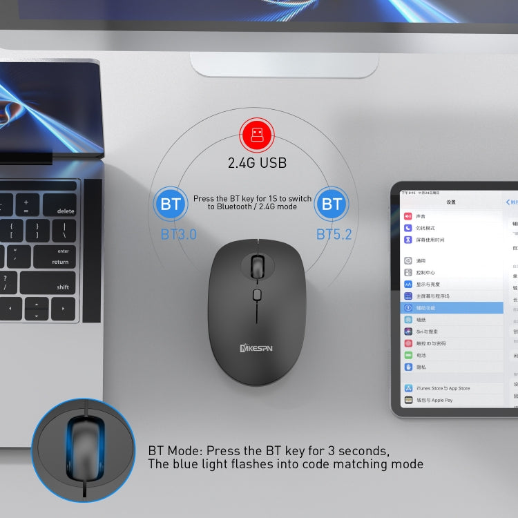 MKESPN 859 Mouse wireless a tre modalità 2.4G+BT5.0+BT3.0, 2.4G+BT5.0+BT3.0