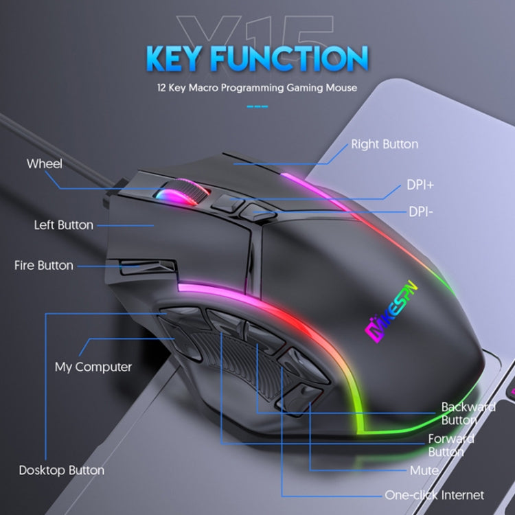 MKESPN X15 Mouse cablato RGB con definizione macro a 12 pulsanti a piena velocità 12800 DPI, x15