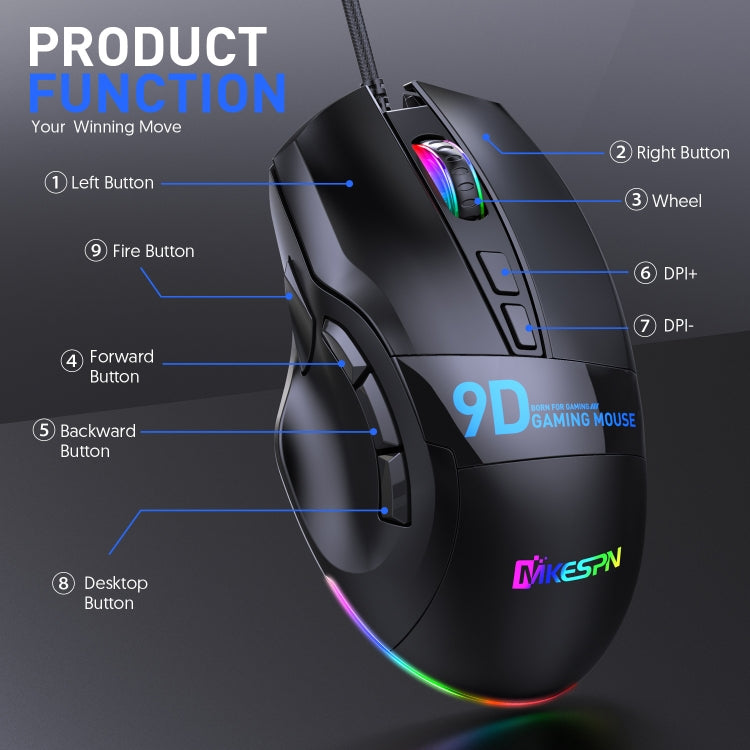 MKESPN X10 Mouse da gioco con definizione macro cablata a 9 pulsanti RGB a piena velocità, Full Speed Macro Definition