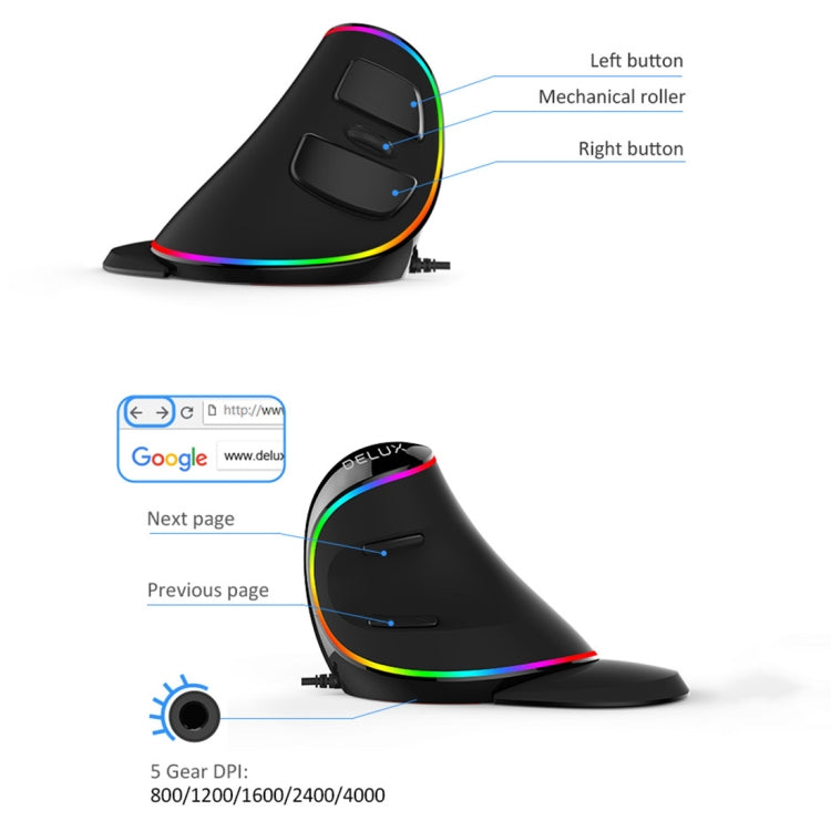 DELUX M618 Plus Mouse ottico cablato RGB Mouse verticale ergonomico 4000 DPI, 4000DPI Wired