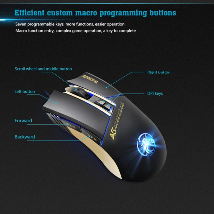 Apedra iMICE A5 Mouse da gioco ad alta precisione LED Luce respiratoria controllata a quattro colori USB 7 pulsanti Mouse da gioco ottico cablato 3200 DPI per computer PC portatile, iMICE A5
