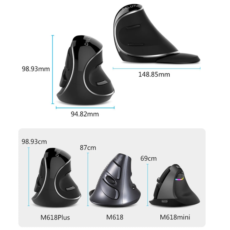 Mouse ergonomico verticale portatile wireless DELUX M618 Plus 2.4G 1600 DPI, 1600DPI Wireless