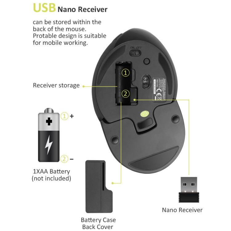 Mouse ergonomico verticale portatile wireless DELUX M618 Plus 2.4G 1600 DPI, 1600DPI Wireless