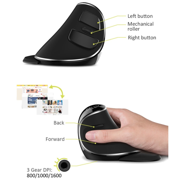 Mouse ergonomico verticale portatile wireless DELUX M618 Plus 2.4G 1600 DPI, 1600DPI Wireless