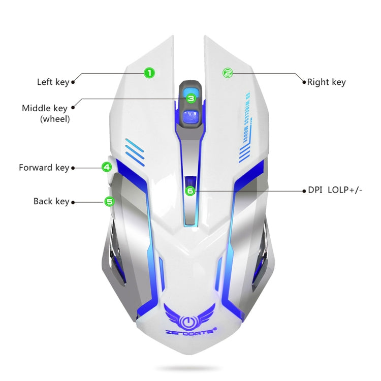 Mouse da gioco ottico ergonomico regolabile ZERODATE X70 2,4 GHz wireless a 6 tasti 2400 DPI con luce respiratoria, X70 Black, X70 White