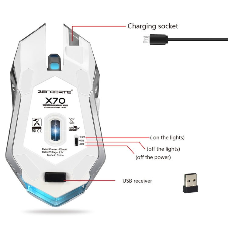 Mouse da gioco ottico ergonomico regolabile ZERODATE X70 2,4 GHz wireless a 6 tasti 2400 DPI con luce respiratoria, X70 Black, X70 White