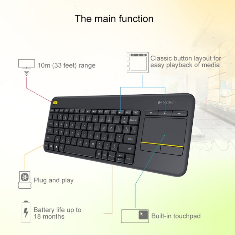 Tastiera touch control wireless Logitech K400 Plus da 2,4 GHz, portata wireless: 10 m, Logitech K400 Plus
