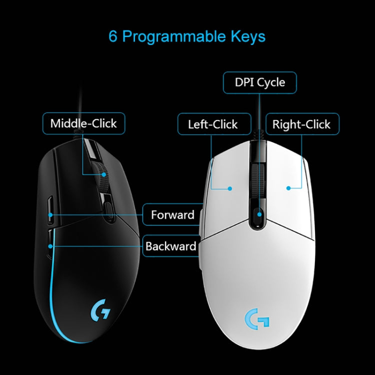 Logitech G102 Mouse da gioco ottico cablato regolabile a cinque velocità RGB luminoso da 6.000 DPI a 6 tasti, lunghezza: 2 m, G102, G102 (White)