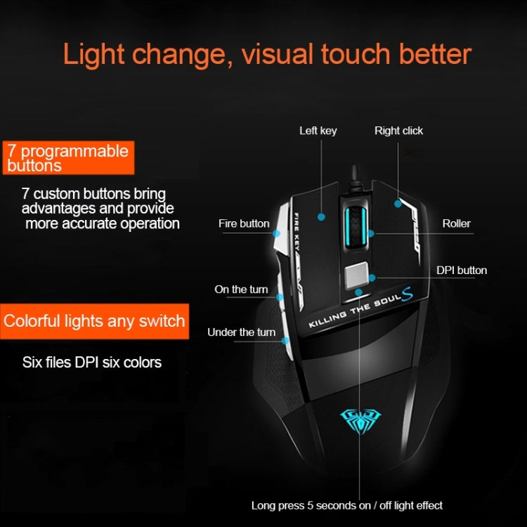 Serie AULA SoulKiller II Mouse da gioco cablato USB ottico competitivo a luce colorata 7D, risoluzione massima di 3500 DPI, SoulKiller II(B)