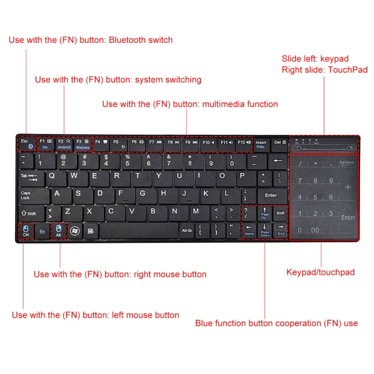 K-07 Tastiera touch Bluetooth ricaricabile wireless ABS, K-07