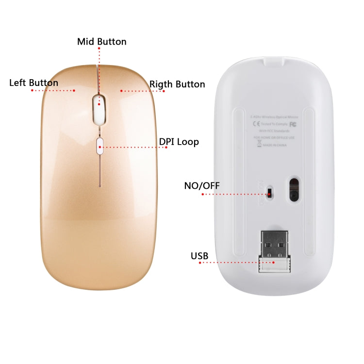 Mouse ottico silenzioso regolabile a tre velocità wireless HXSJ M80 da 2,4 GHz 1600 DPI, Black, Grey, Gold, Rose Gold, Silver, White