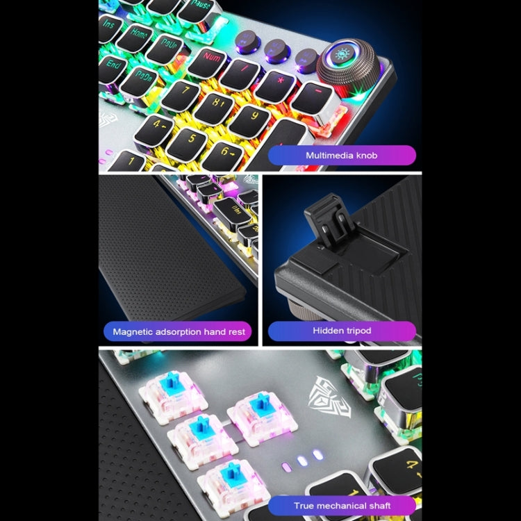 AULA F2088 Tastiera da gioco USB cablata con interruttore blu meccanico a 108 tasti a luce mista con pulsante in metallo, Blue Switch Black