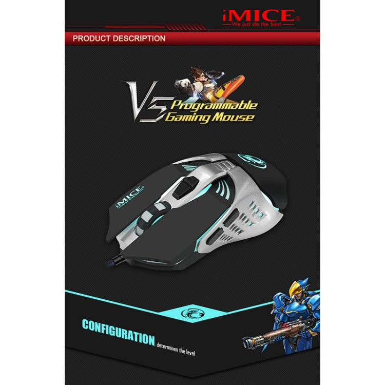 iMICE V5 USB 7 pulsanti 4000 DPI Mouse da gioco ottico retroilluminato colorato cablato per computer PC portatile, V5 (White), V5 (Black)