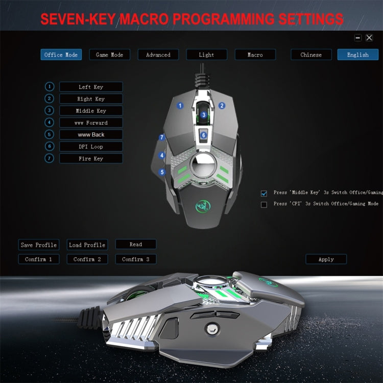 HXSJ J200 Mouse meccanico programmabile per e-sport cablato a 7 tasti con luce