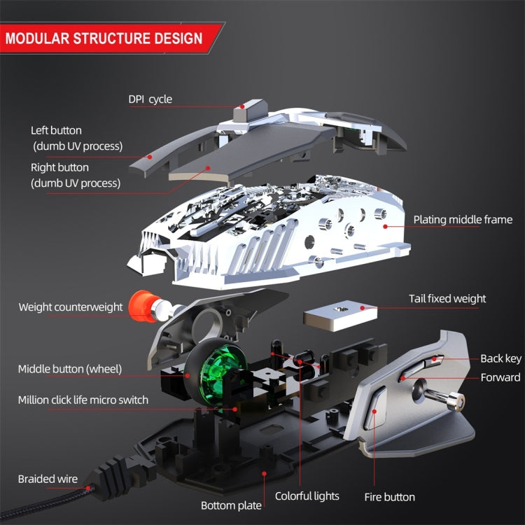 HXSJ J200 Mouse meccanico programmabile per e-sport cablato a 7 tasti con luce