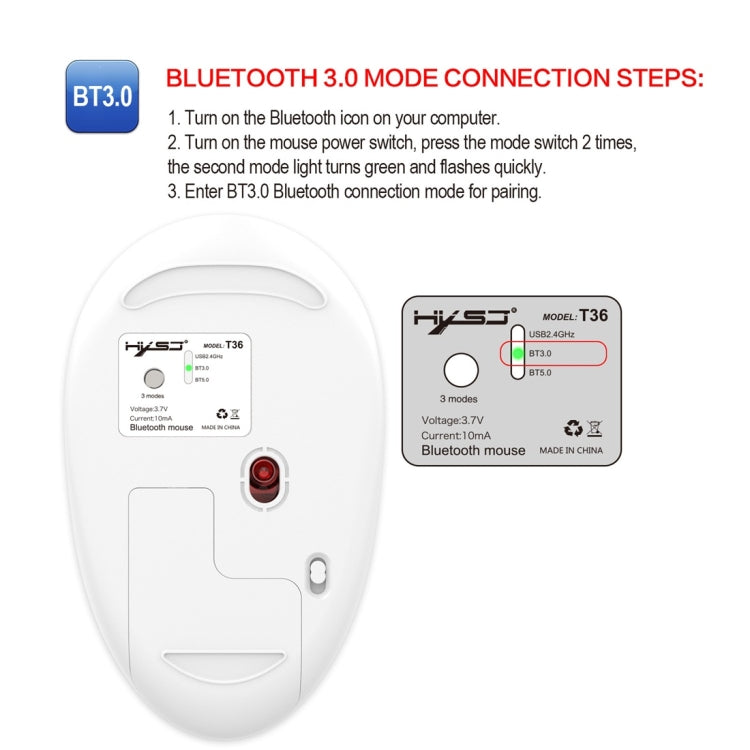 Mouse Bluetooth wireless dal design silenzioso a tre modalità HXSJ T36 2.4G Bluetooth 5.0 + 3.0