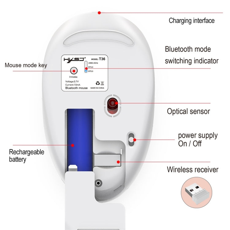 Mouse Bluetooth wireless dal design silenzioso a tre modalità HXSJ T36 2.4G Bluetooth 5.0 + 3.0