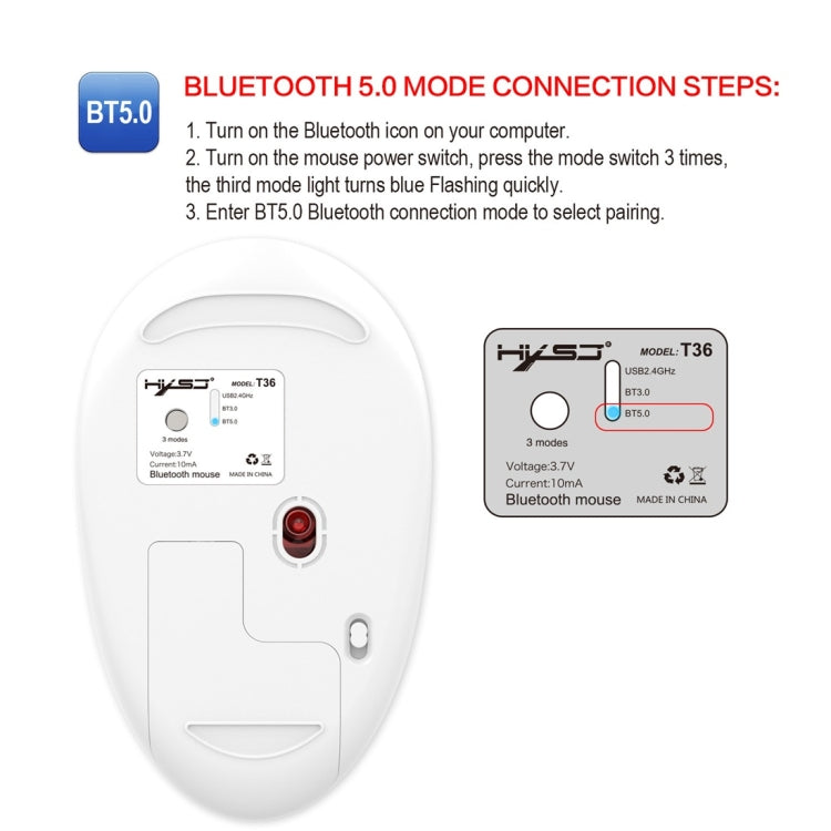 Mouse Bluetooth wireless dal design silenzioso a tre modalità HXSJ T36 2.4G Bluetooth 5.0 + 3.0