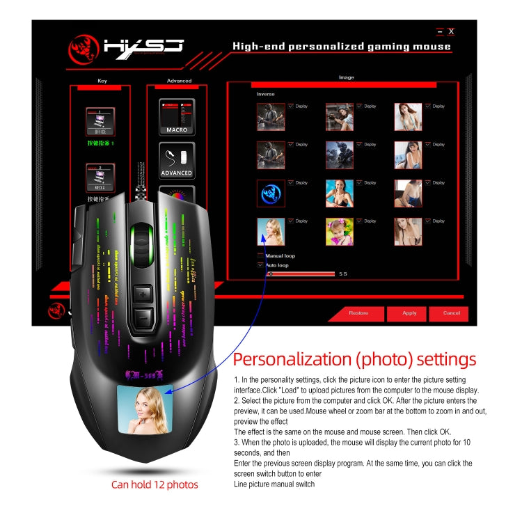 Mouse cablato da gioco con schermo programmabile RGB HXSJ J500 a 7 tasti, J500