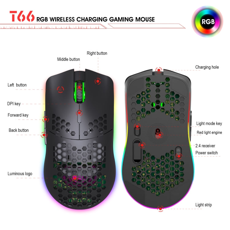 Mouse wireless da gioco programmabile con illuminazione colorata HXSJ T66 a 7 tasti, T66(White), T66(Black)