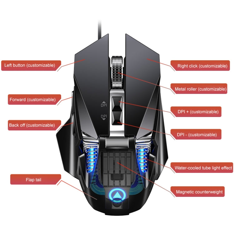 YINDIAO G10 7200 DPI 7 modalità regolabili 7 tasti RGB luce cablata metallo meccanico hard core mouse macro, stile: versione audio