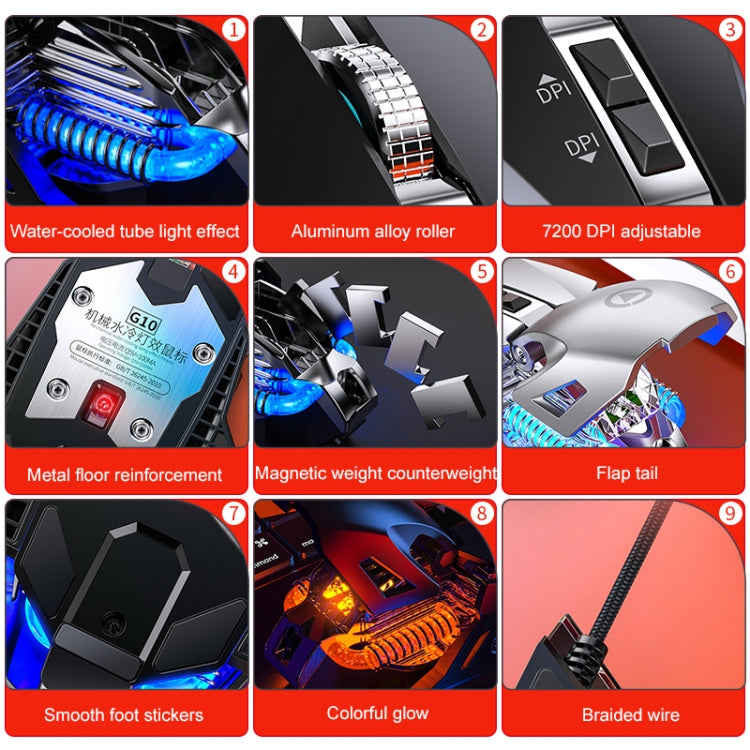 YINDIAO G10 7200 DPI 7 modalità regolabili 7 tasti RGB luce cablata metallo meccanico hard core mouse macro, stile: versione audio