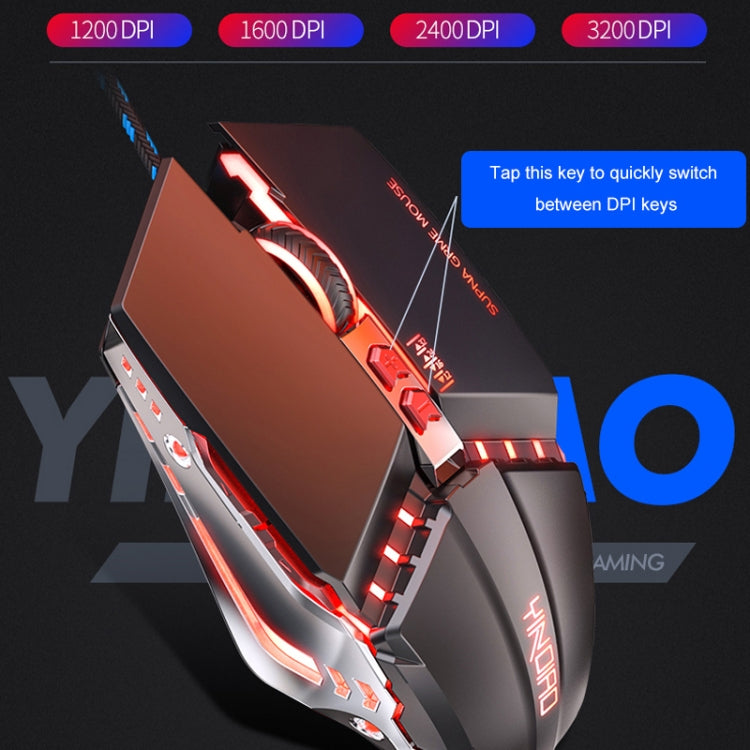 YINDIAO 3200 DPI 4 modalità regolabili 7 tasti RGB con luce cablata meccanica con nucleo rigido in metallo, mouse macro, stile: versione audio, Audio Version (Black)