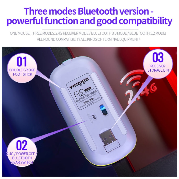 YINDIAO A2 BT3.0 + BT5.0 + 2.4GHz 1600DPI Mouse Bluetooth silenzioso wireless con luce RGB regolabile in 3 modalità, Bluetooth ver.