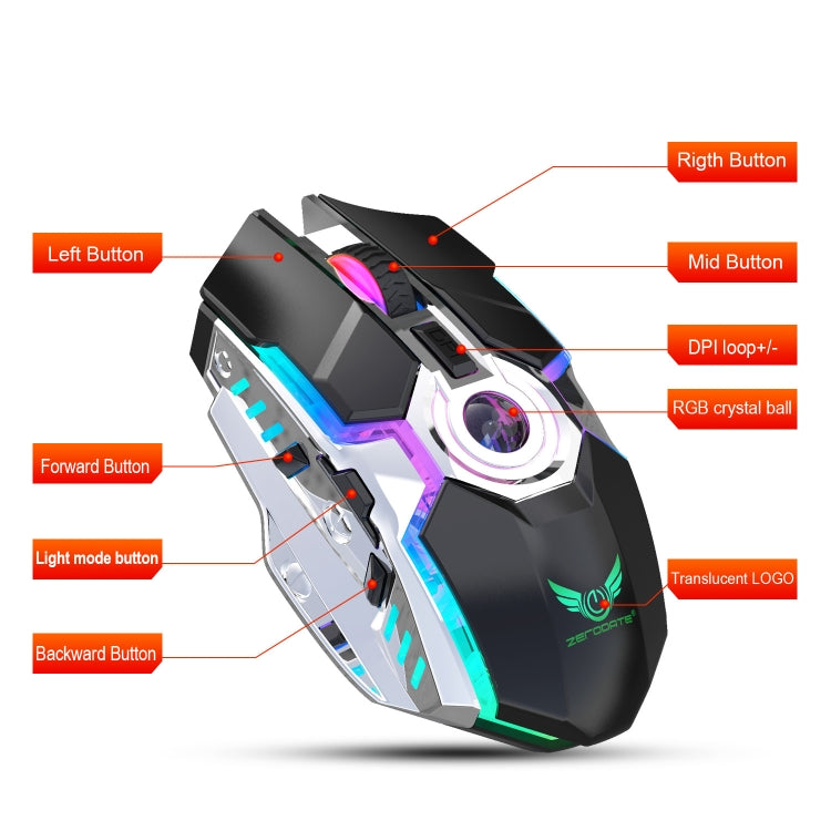 Mouse ottico wireless con retroilluminazione RGB regolabile a tre velocità ZERODATE T30 da 2,4 GHz 2400 DPI, T30 Black, T30 White