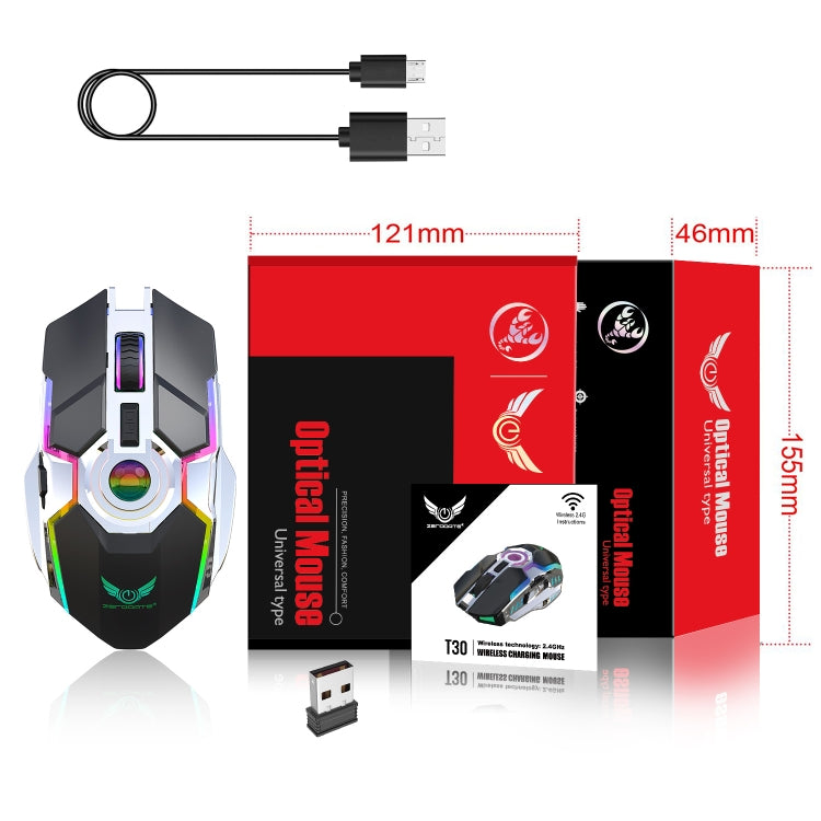 Mouse ottico wireless con retroilluminazione RGB regolabile a tre velocità ZERODATE T30 da 2,4 GHz 2400 DPI, T30 Black, T30 White