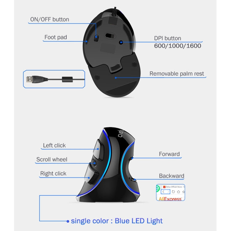 DELUX M618 Plus Mouse ottico cablato versione blu Mouse verticale ergonomico 1600 DPI, 1600DPI Wired