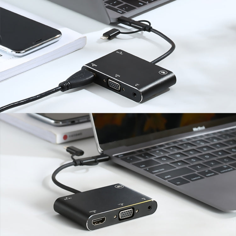 Convertitore adattatore per lettore schermo HD 3 in 1 8 pin + micro USB + da tipo C a AV + HDMI + VGA 15 pin con audio