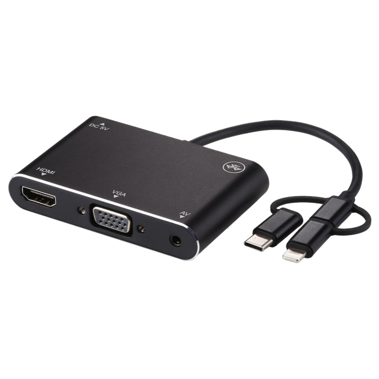 Convertitore adattatore per lettore schermo HD 3 in 1 8 pin + micro USB + da tipo C a AV + HDMI + VGA 15 pin con audio