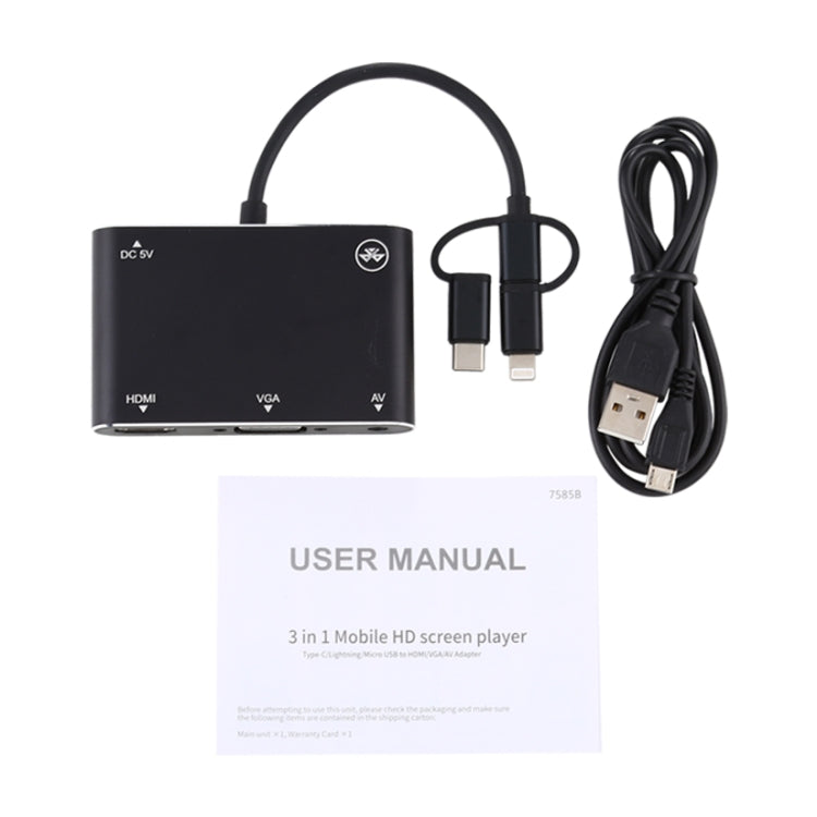 Convertitore adattatore per lettore schermo HD 3 in 1 8 pin + micro USB + da tipo C a AV + HDMI + VGA 15 pin con audio