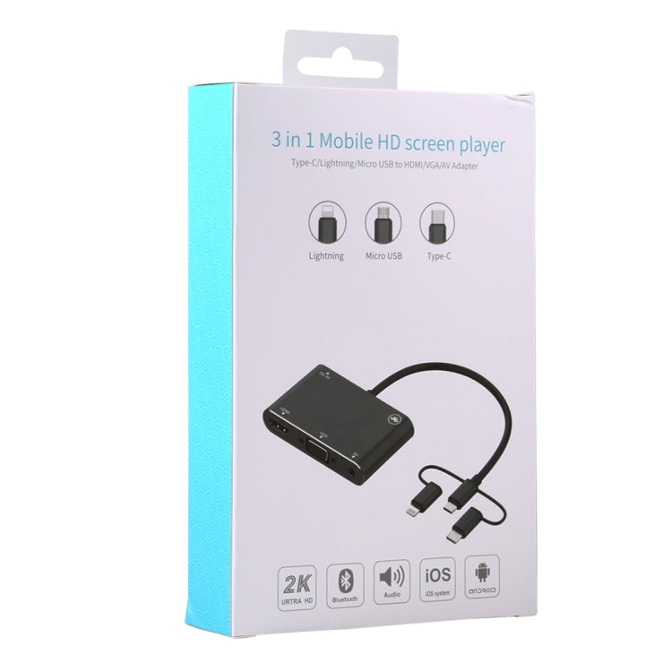 Convertitore adattatore per lettore schermo HD 3 in 1 8 pin + micro USB + da tipo C a AV + HDMI + VGA 15 pin con audio