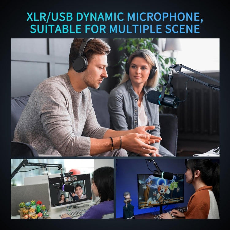 FEELWORLD PM1-AS Microfono dinamico XLR/USB per podcasting, registrazione, giochi, streaming live con braccio, PM1-AS