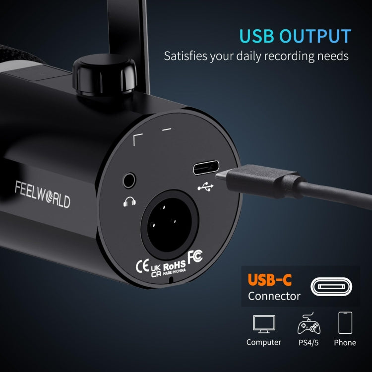 FEELWORLD PM1-AS Microfono dinamico XLR/USB per podcasting, registrazione, giochi, streaming live con braccio, PM1-AS