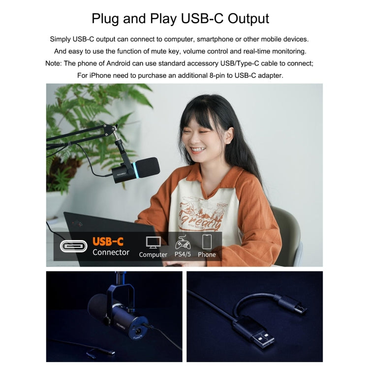 FEELWORLD PM1-AS Microfono dinamico XLR/USB per podcasting, registrazione, giochi, streaming live con braccio, PM1-AS