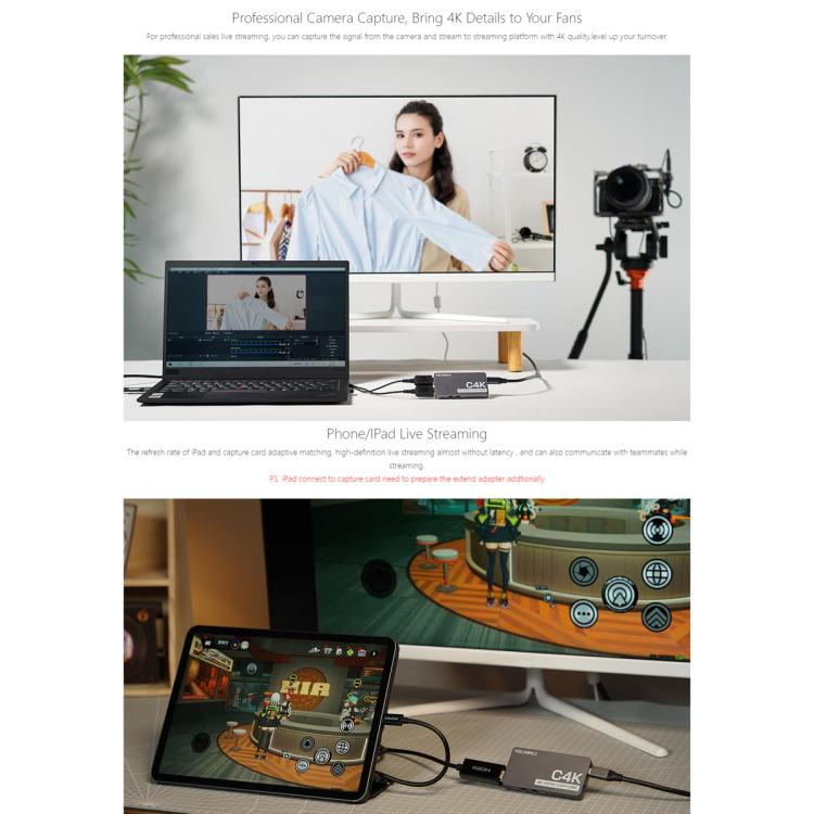 FEEWORLD C4K Video Capture 4K HDMI 60Hz In e Out USB-C Plug and Play per Streaming Gaming Videoconferenza