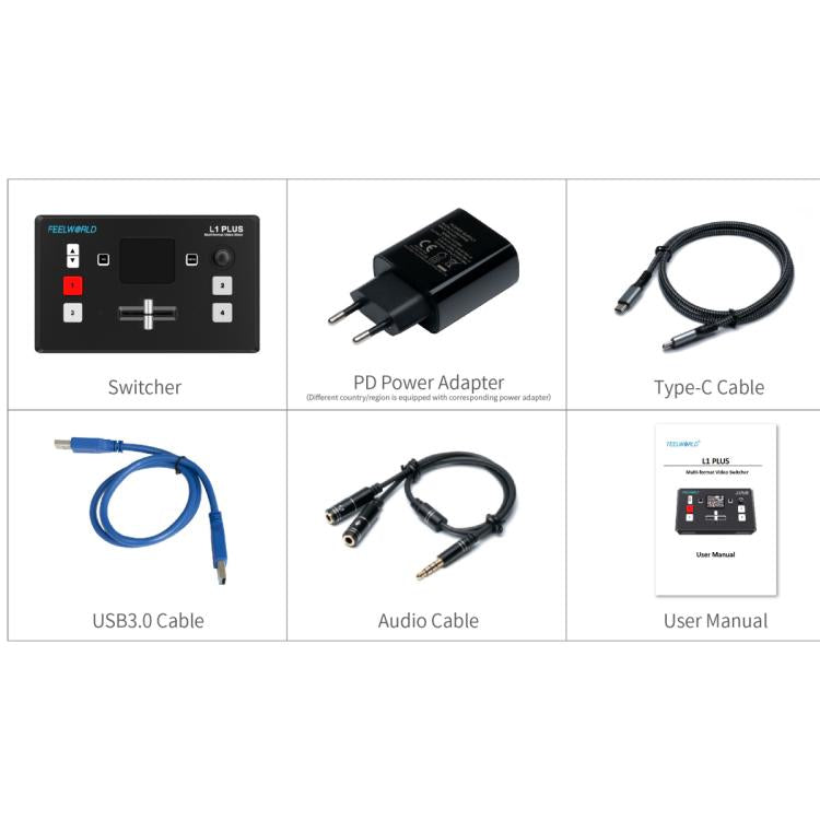 FEELWORLD L1 PLUS Mixer video multi-camera Touch Screen Controllo PTZ Switcher streaming veloce USB3.0, L1 PLUS