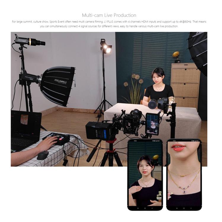 FEELWORLD L1 PLUS Mixer video multi-camera Touch Screen Controllo PTZ Switcher streaming veloce USB3.0, L1 PLUS