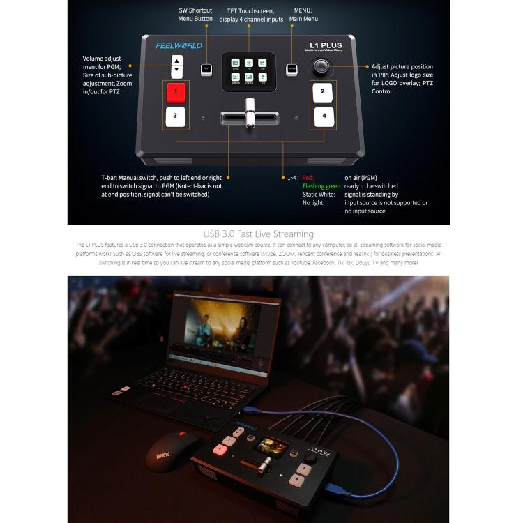 FEELWORLD L1 PLUS Mixer video multi-camera Touch Screen Controllo PTZ Switcher streaming veloce USB3.0, L1 PLUS