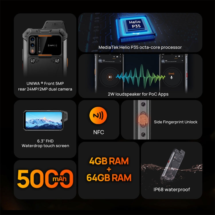 IP68 Impermeabile Antipolvere Antiurto, Batteria 5000mAh, Android 11 MTK6765 Helio P35 Octa Core da 6,3 pollici fino a 2,35 GHz, Rete: 4G, NFC, OTG, Explosion-proof , 4GB+64GB