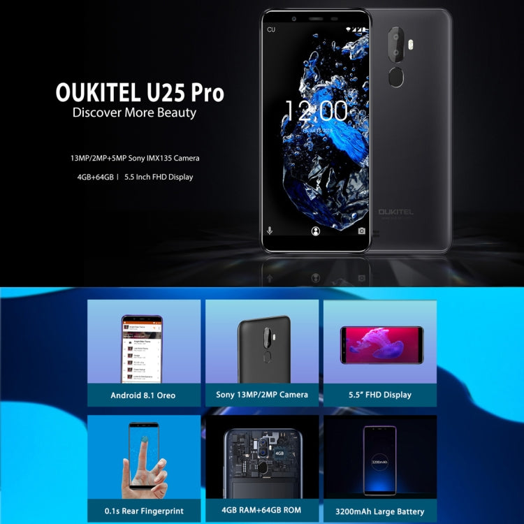 Doppia fotocamera posteriore, identificazione delle impronte digitali, Android 8.1 MTK6750T Octa Core da 5,5 pollici fino a 1,5 GHz, Rete: 4G, doppia SIM, OTG, OTA